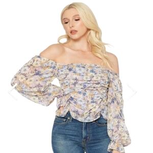 Anthropologie Pleione Lavender Floral Ruched Off Shoulder Blouse Size Large